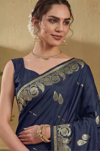 Blue woven design art silk banarasi sarees with unstitched blouse piece
