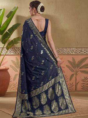 Blue woven design art silk banarasi sarees with unstitched blouse piece 4