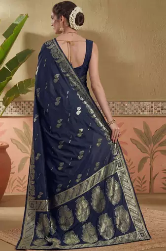 Blue woven design art silk banarasi sarees with unstitched blouse piece