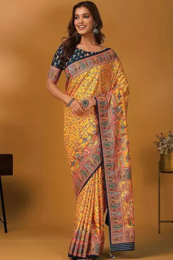 Yellow floral printed banarasi saree with matching blouse