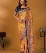 Yellow floral printed banarasi saree with matching blouse