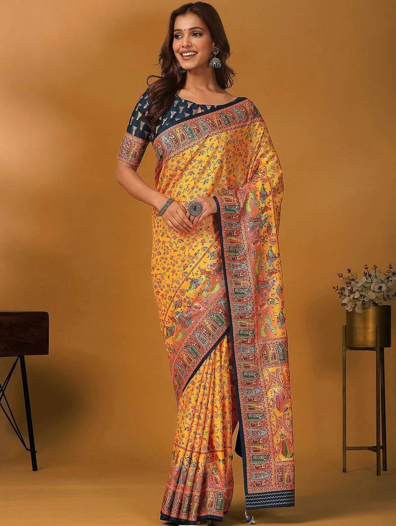 Yellow floral printed banarasi saree with matching blouse