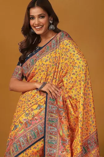 Yellow floral printed banarasi saree with matching blouse