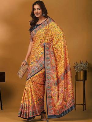 Yellow floral printed banarasi saree with matching blouse 3