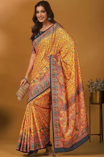 Yellow floral printed banarasi saree with matching blouse