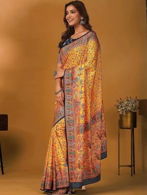 Yellow floral printed banarasi saree with matching blouse 4