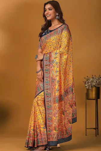 Yellow floral printed banarasi saree with matching blouse