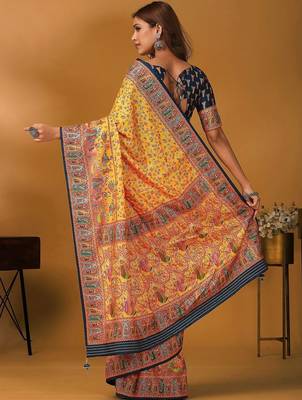 Yellow floral printed banarasi saree with matching blouse 5