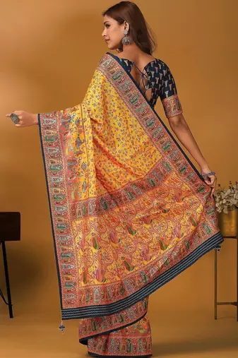 Yellow floral printed banarasi saree with matching blouse
