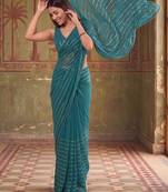 Teal striped sequinned poly georgette designer saree