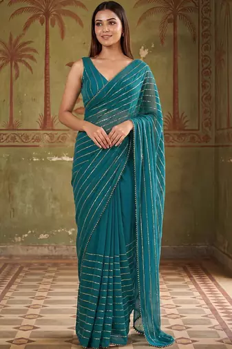 Teal striped sequinned poly georgette designer saree