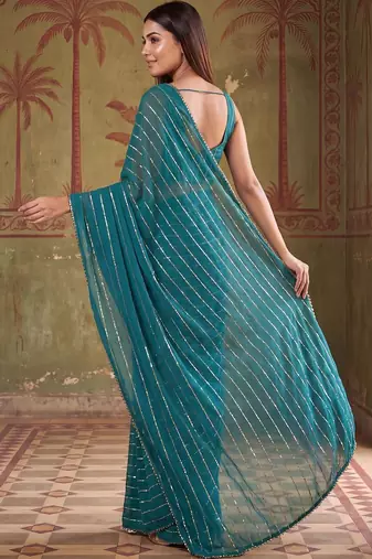 Teal striped sequinned poly georgette designer saree