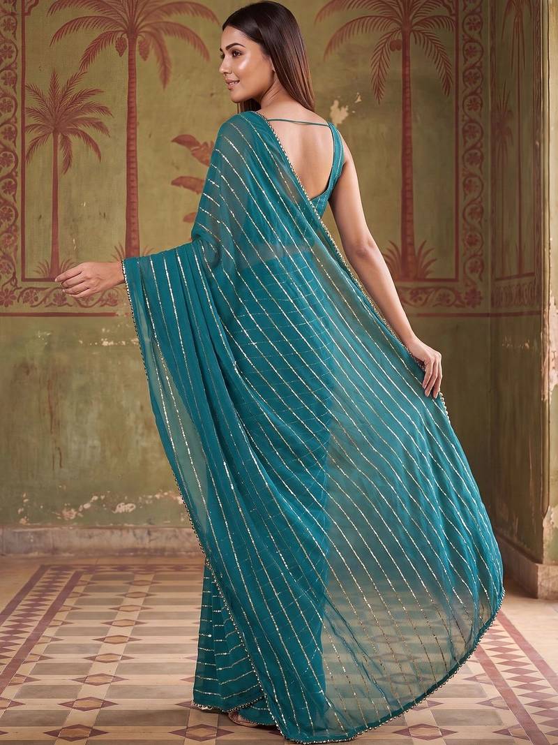 Teal striped sequinned poly georgette designer saree