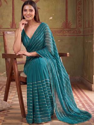Teal striped sequinned poly georgette designer saree 4