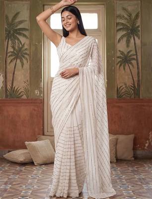 Off white embellished sequinned poly georgette saree 1