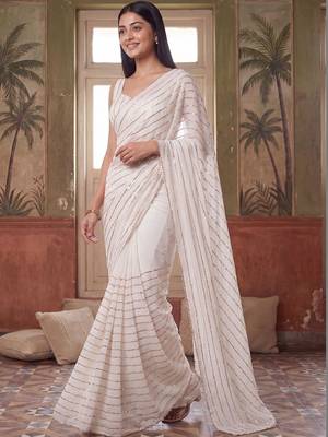 Off white embellished sequinned poly georgette saree 2