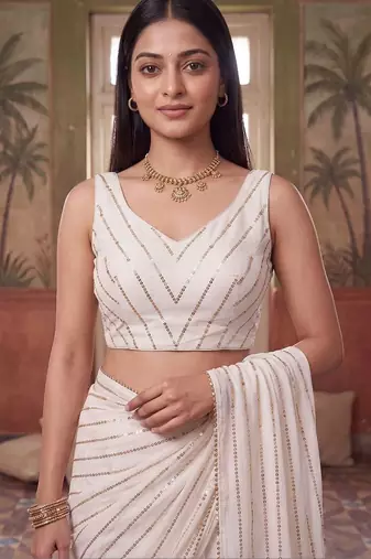 Off white embellished sequinned poly georgette saree