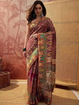 Purple floral woven design sarees with unstitched blouse piece 1