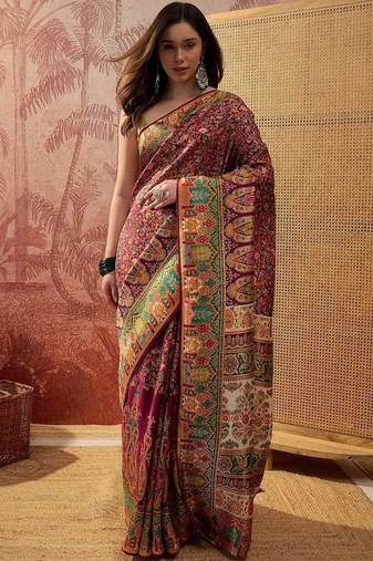 Purple floral woven design sarees with unstitched blouse piece