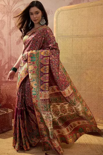 Purple floral woven design sarees with unstitched blouse piece