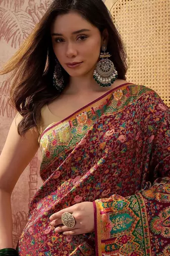 Purple floral woven design sarees with unstitched blouse piece
