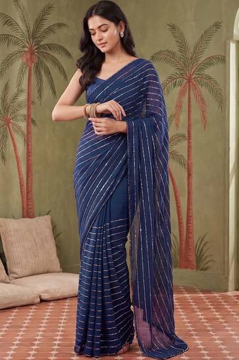 Navy blue women striped sequinned poly georgette saree