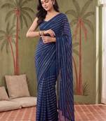 Navy blue women striped sequinned poly georgette saree