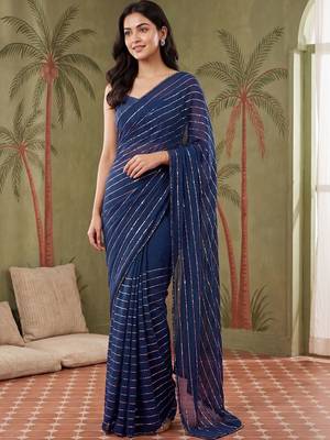 Navy blue women striped sequinned poly georgette saree 3