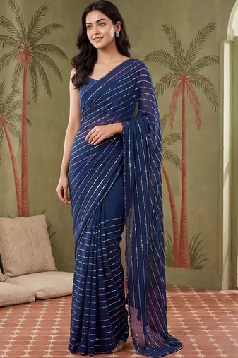 Navy blue women striped sequinned poly georgette saree