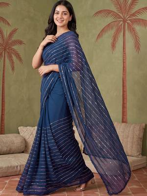 Navy blue women striped sequinned poly georgette saree 4