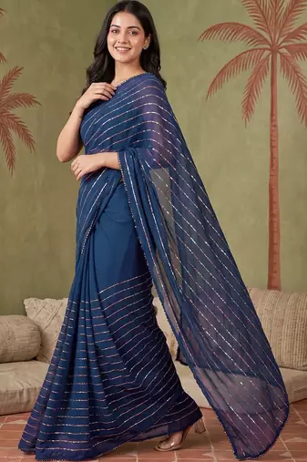 Navy blue women striped sequinned poly georgette saree