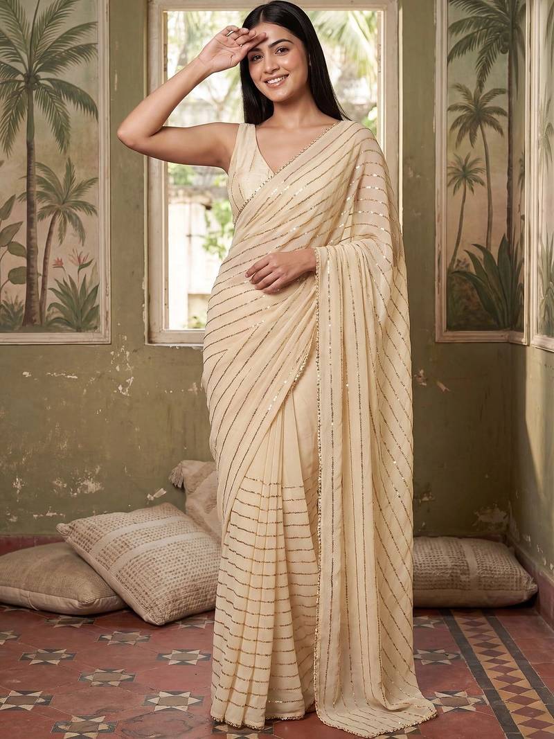 Cream striped sequinned poly georgette designer saree