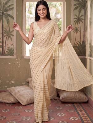 Cream striped sequinned poly georgette designer saree 2