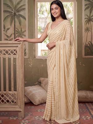 Cream striped sequinned poly georgette designer saree 3