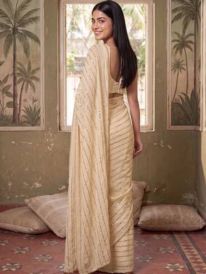 Cream striped sequinned poly georgette designer saree 4
