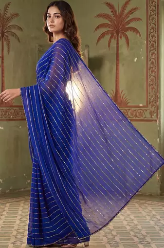 Blue striped sequinned poly georgette designer saree