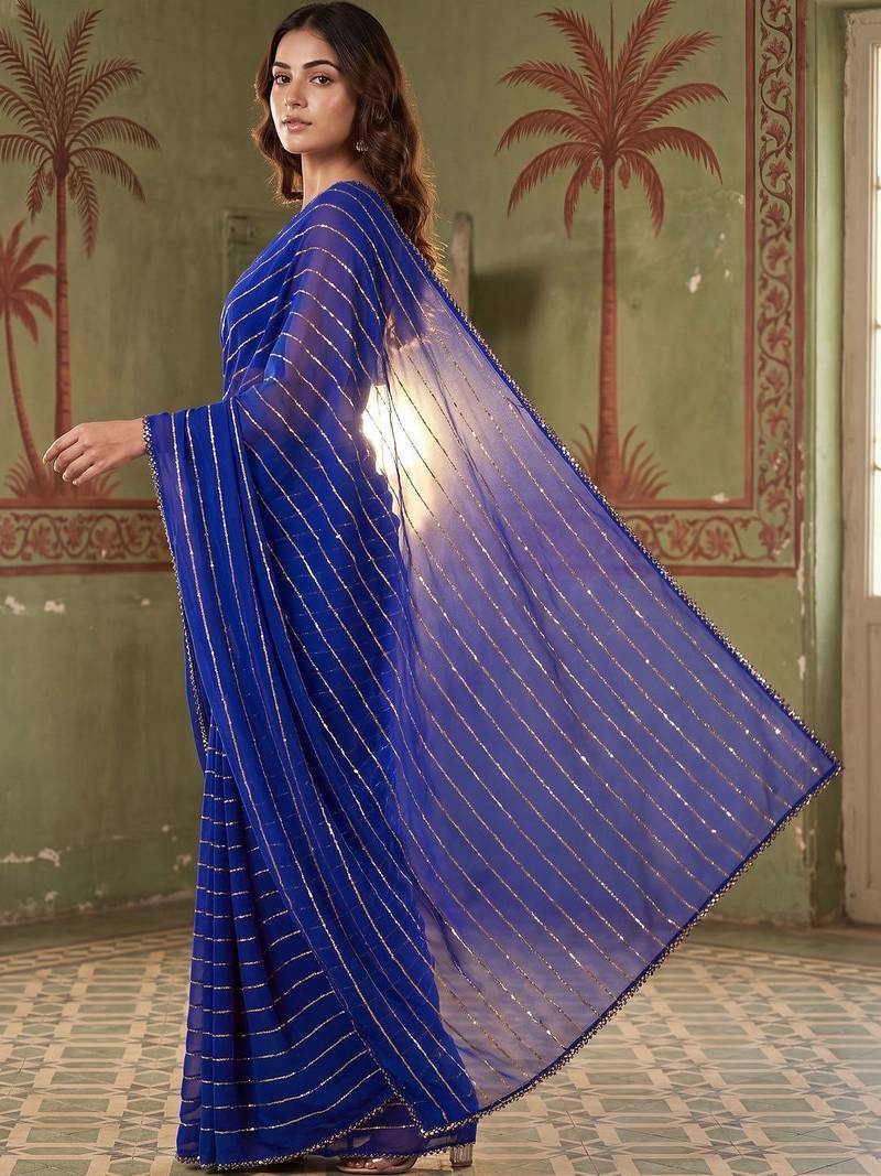 Blue striped sequinned poly georgette designer saree