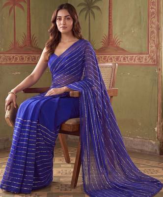 Blue striped sequinned poly georgette designer saree 3