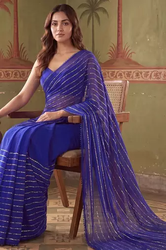 Blue striped sequinned poly georgette designer saree