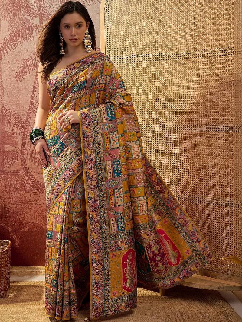Mustard printed sarees blouse piece