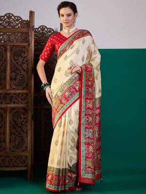 Cream ethnic digital printed festive wear printing saree with matching blouse 1