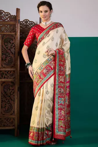 Cream ethnic digital printed festive wear printing saree with matching blouse