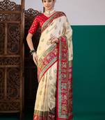Cream ethnic digital printed festive wear printing saree with matching blouse