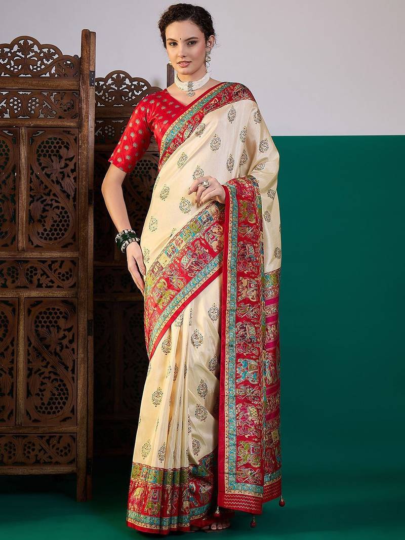 Cream ethnic digital printed festive wear printing saree with matching blouse