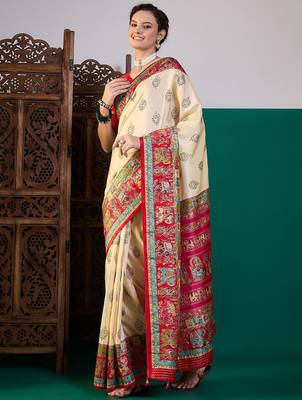 Cream ethnic digital printed festive wear printing saree with matching blouse 2