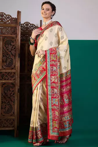 Cream ethnic digital printed festive wear printing saree with matching blouse
