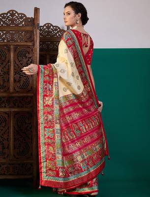 Cream ethnic digital printed festive wear printing saree with matching blouse 3