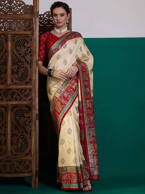 Cream ethnic digital printed festive wear printing saree with matching blouse 4