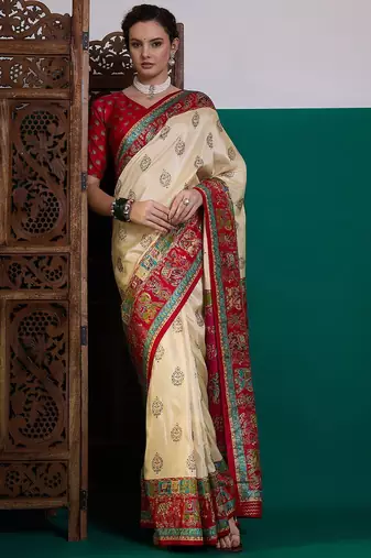 Cream ethnic digital printed festive wear printing saree with matching blouse