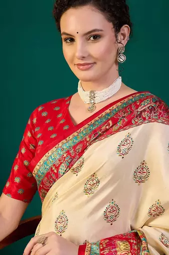 Cream ethnic digital printed festive wear printing saree with matching blouse